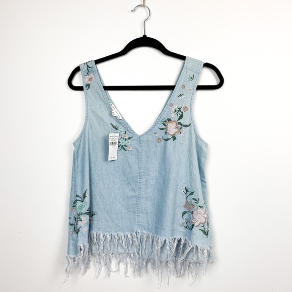 American Eagle Blue Denim Floral Embroidered Tank Top with Fringe
